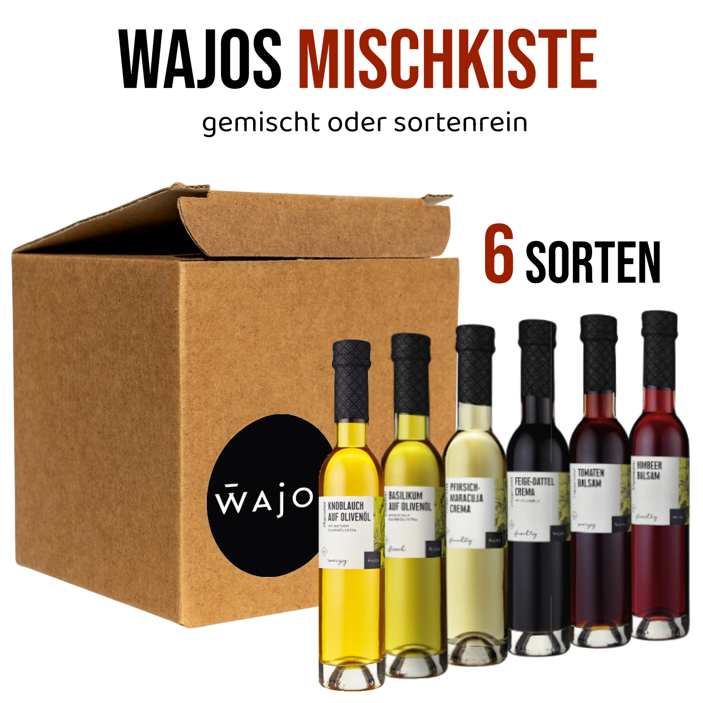Wajos Mischkiste 250ml Flaschen Öl - 6 Stück pro Kiste bestehend aus Tomaten Balsam, Himbeere Balsam, Feige-Dattel Crema, Pfirsich-Maracuja Crema, Basilikum auf Olivenöl & Knoblauch auf Olivenöl