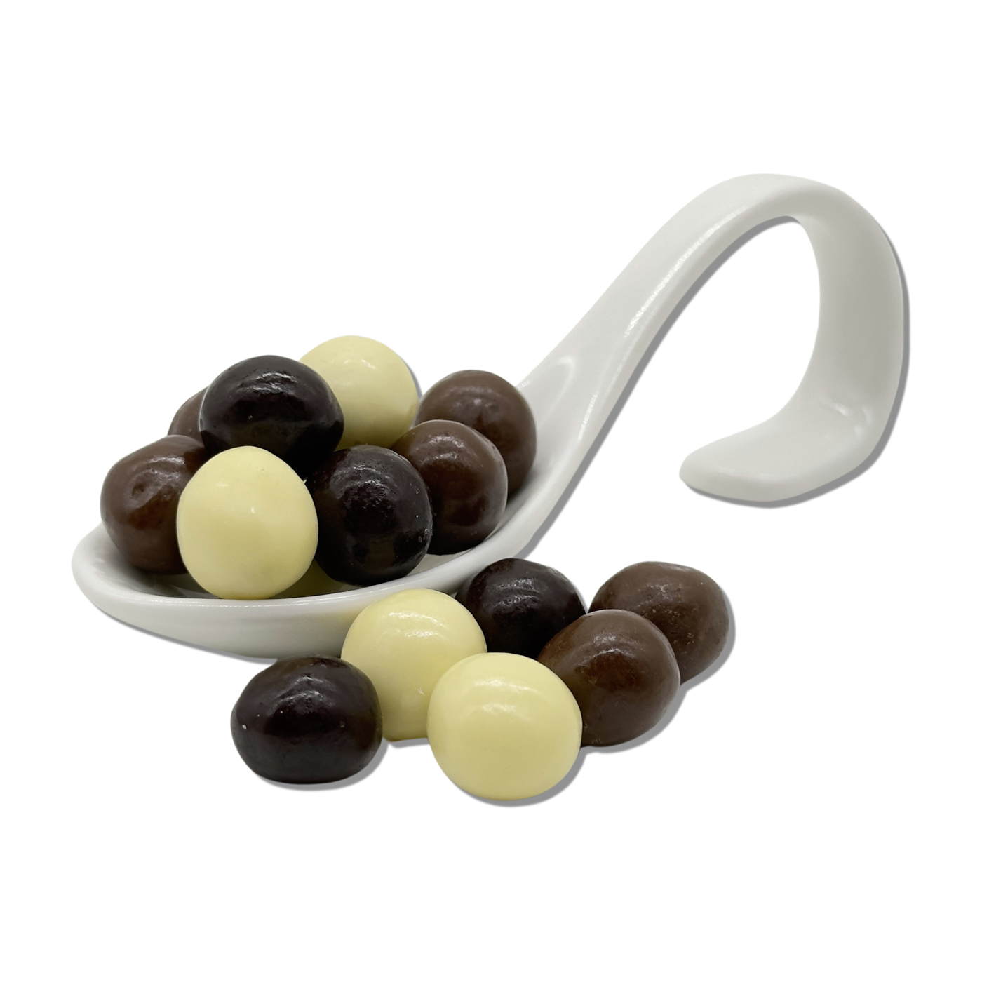 Schoko Crunch Balls 60 g 9 cm Bügelglas 16 Stück pro Karton weiße, Vollmilch-& Zartbitterschokolade