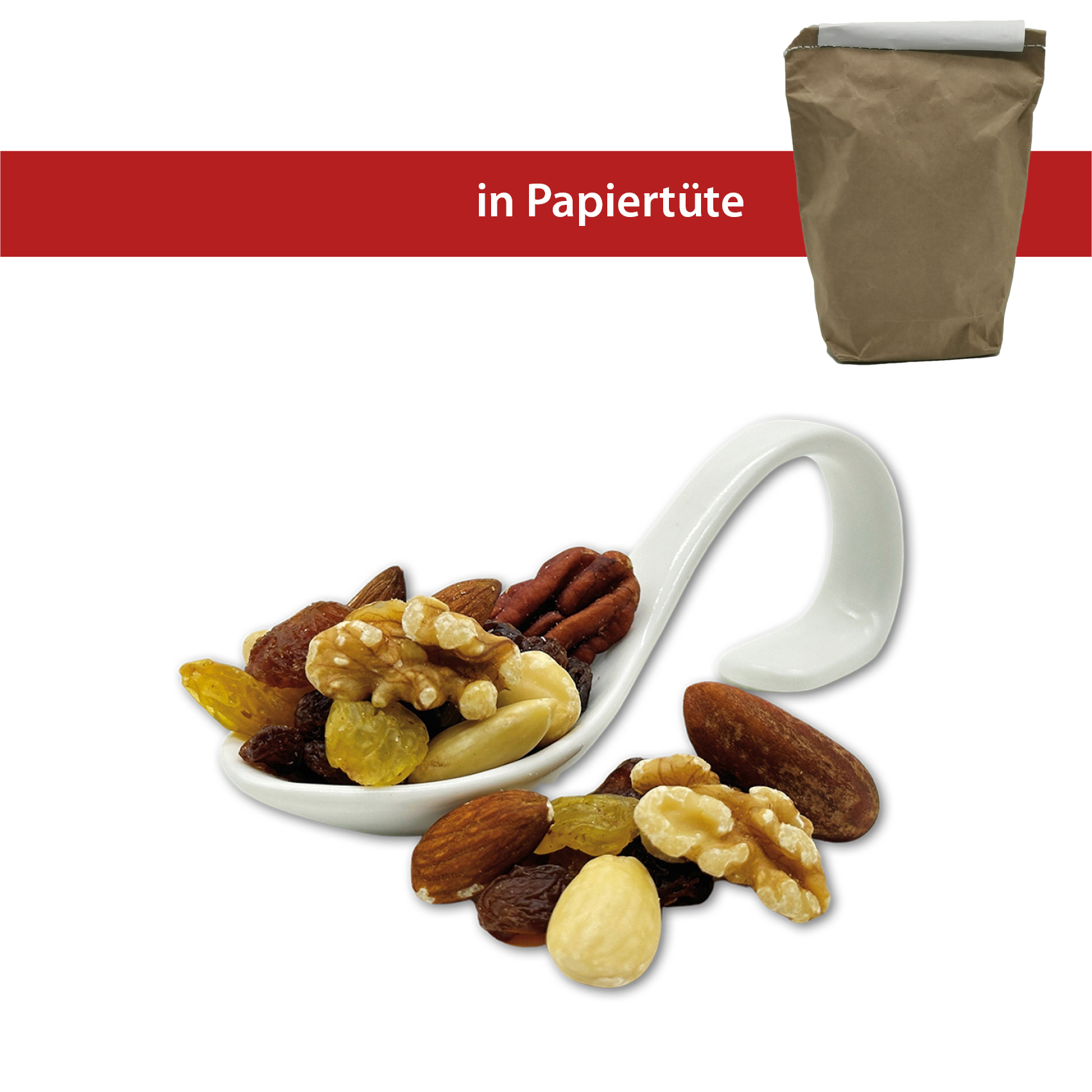 Studentenfutter -klassik- 1kg
Sultaninen, Golden Jumbos (helle Trauben), Haselnuss, Mandel, Walnuss
in der Papiertüte, genäht