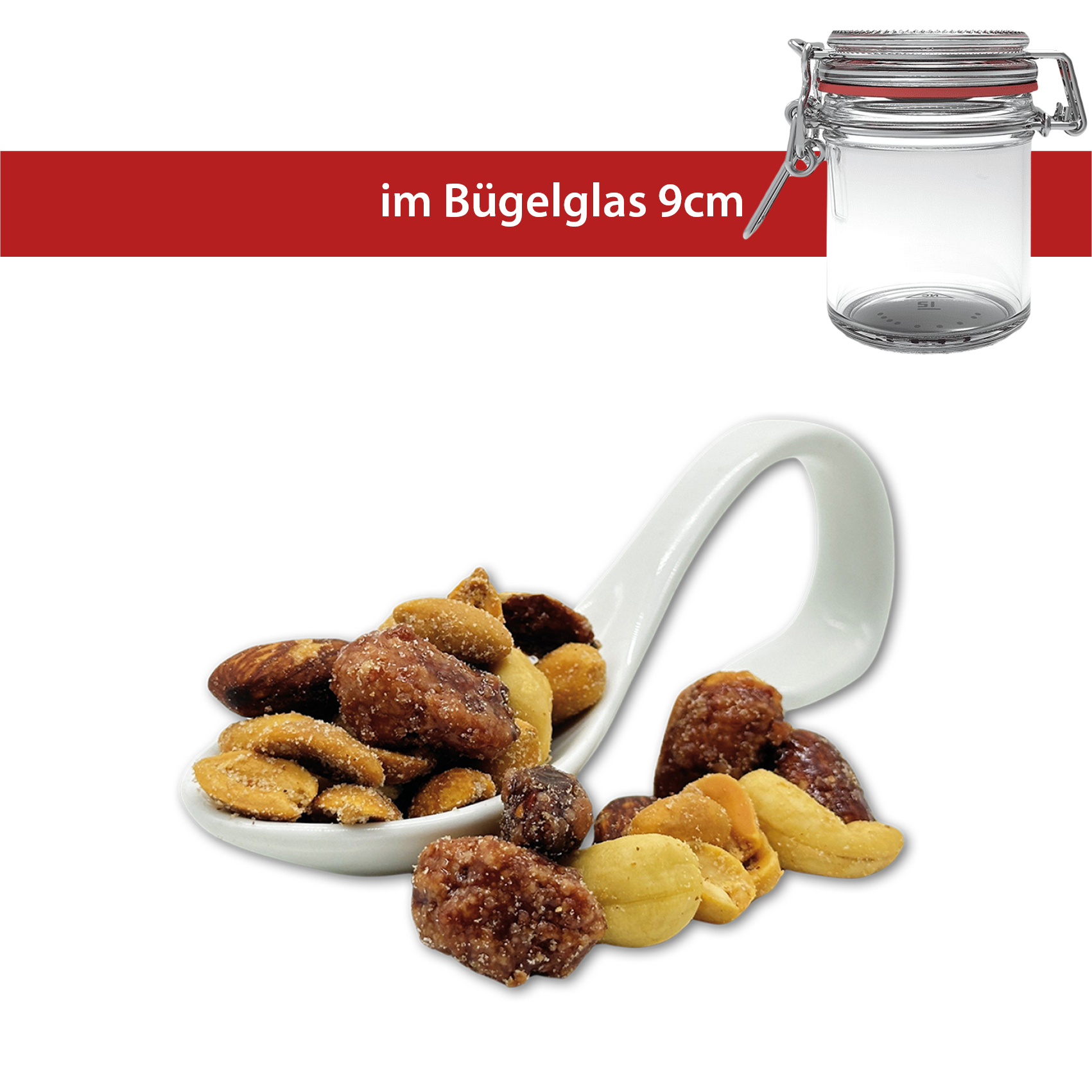 Salty, Sweet & Smoke Mix 80g
Bügelglas klein 167ml
16 Stück pro Karton
Erdnüsse gesalzen, Cashewkerne gesalzen, gebrannte Mandeln und Rauchmandeln