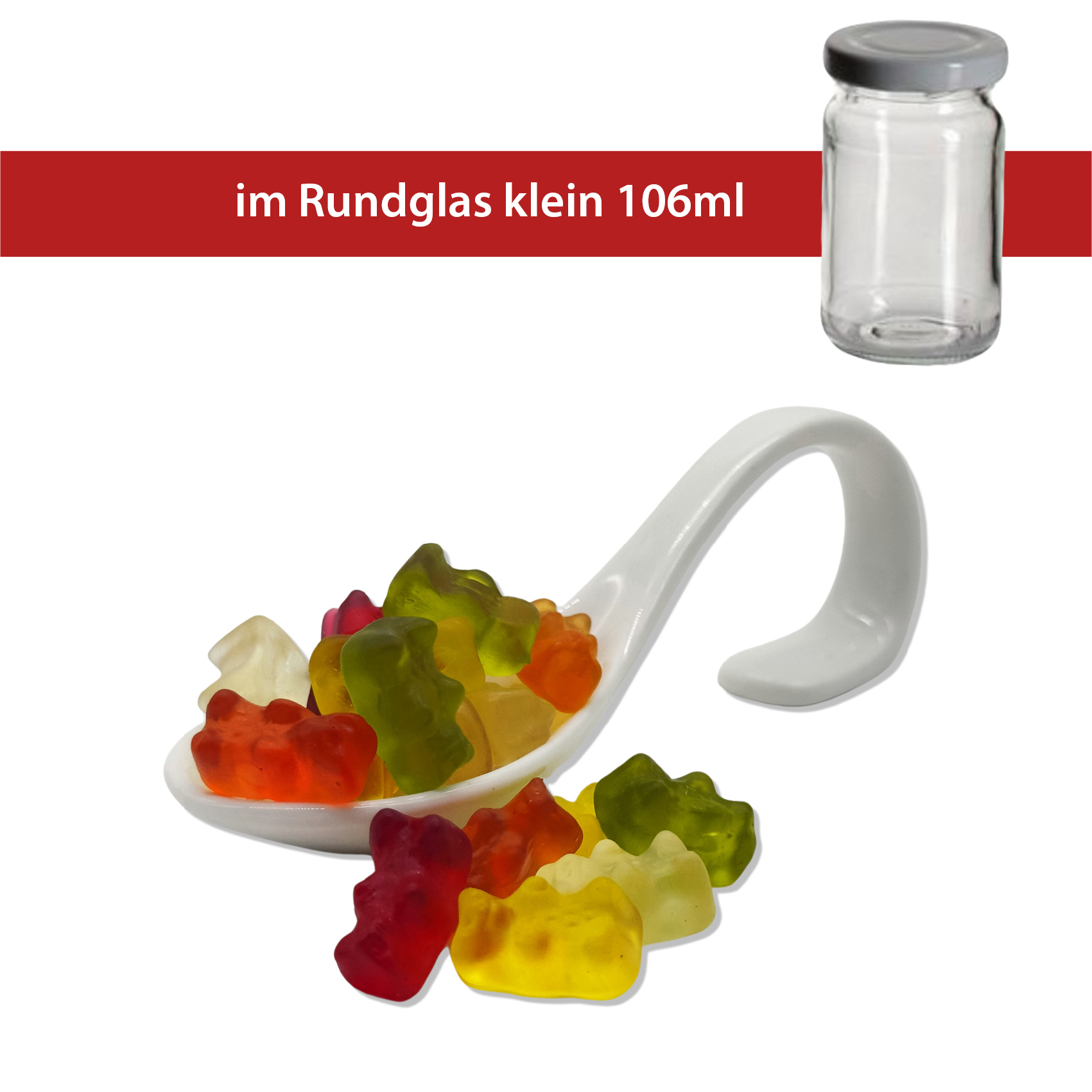 Haribo Bärchen 60g
Rundglas klein 106ml
40 Gläser pro Karton