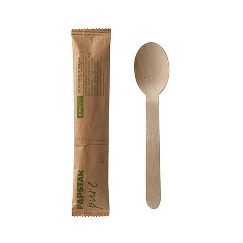 Löffel Holz 'pure' 16 cm einzeln verpackt in Papierbeutel
 50 Sets pro Pack/Gebinde