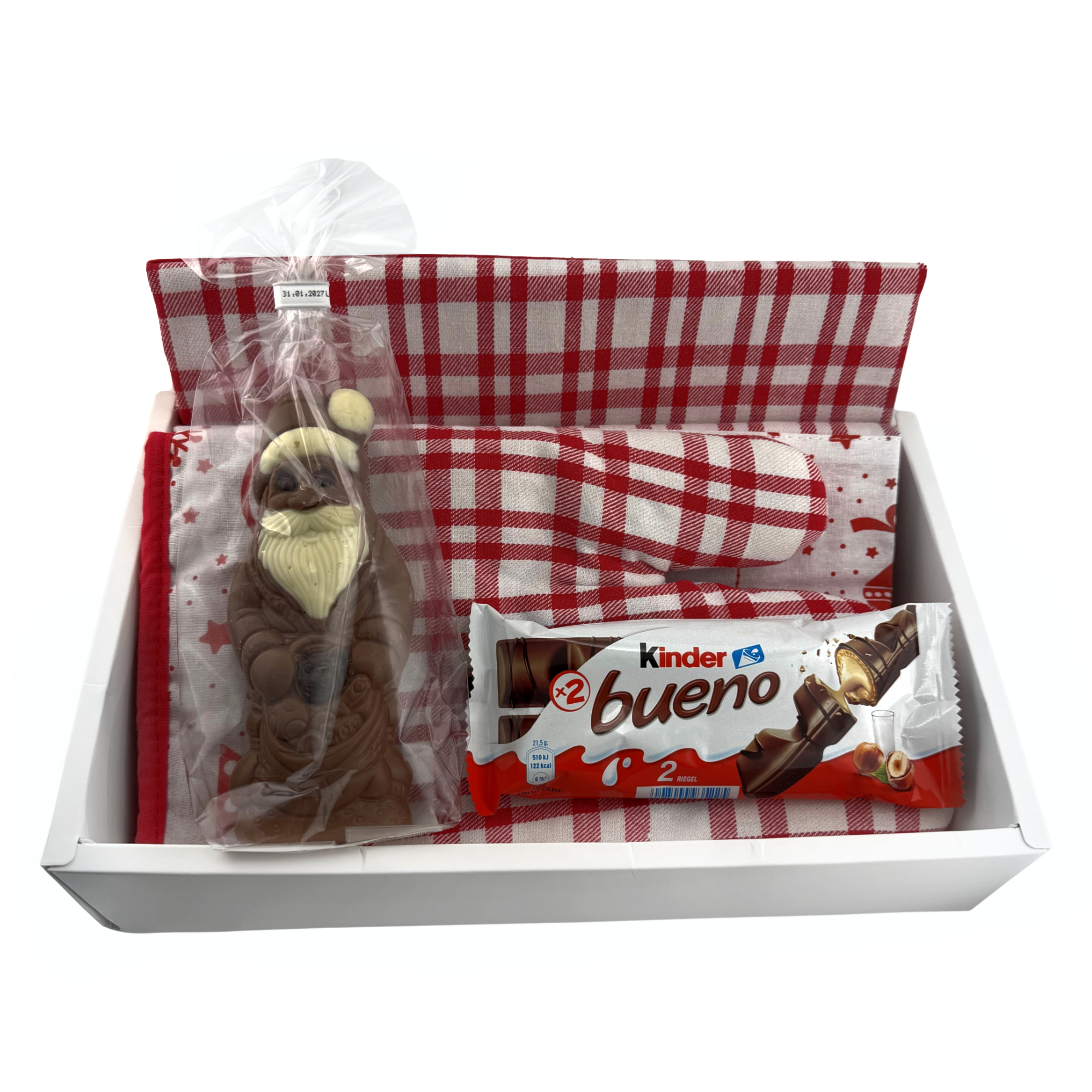 Weihnachten zum heiß anfassen Box - Set aus Küchenschürze und Ofenhandschuh mit weihnachtlichem Muster. 200 g/m² Baumwolle, Weihnachtsmann 3-farbig in Klarsicht 80g & Kinder Bueno 2er Pack 43g
