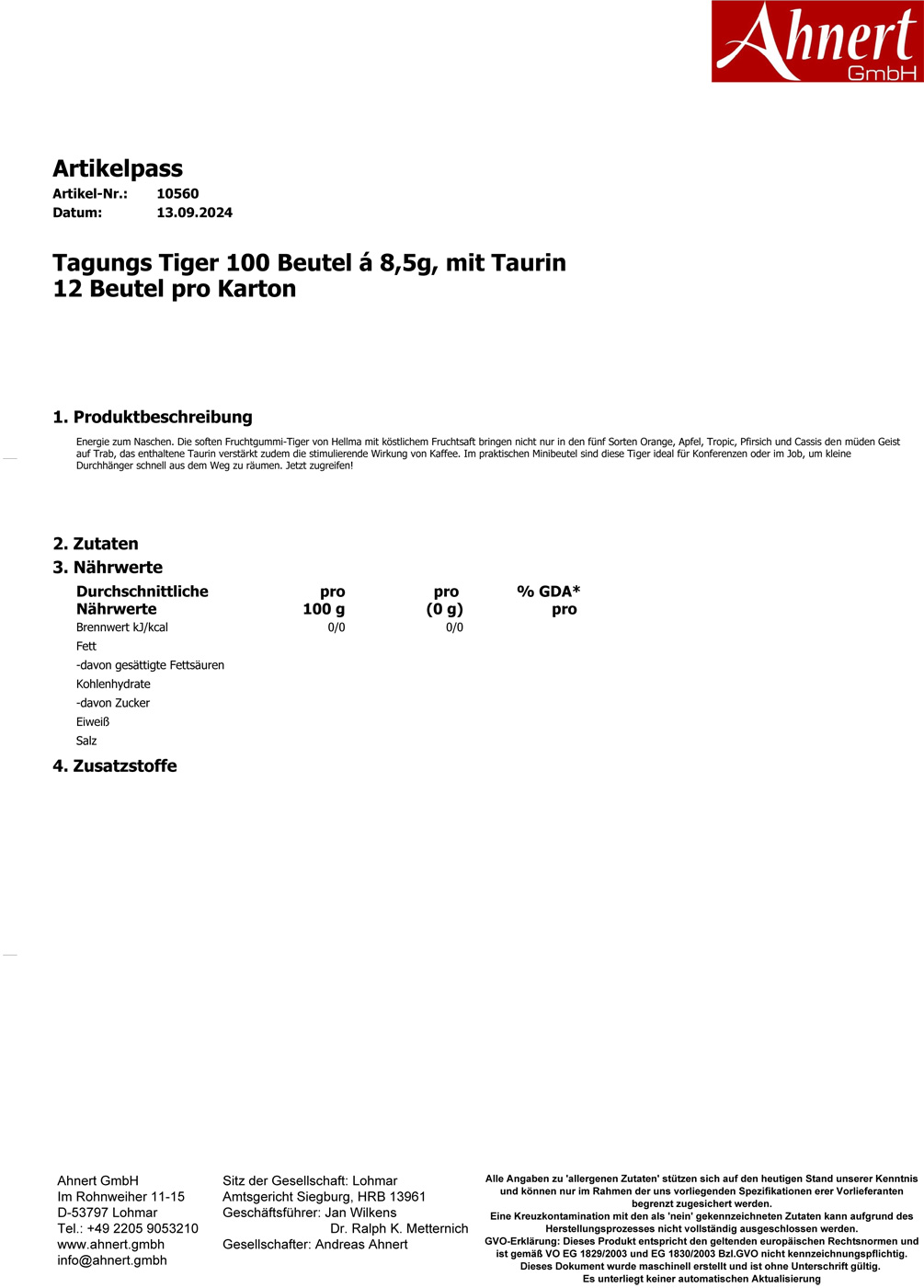 Tagungs Tiger 100 Beutel á 8,5g, mit Taurin