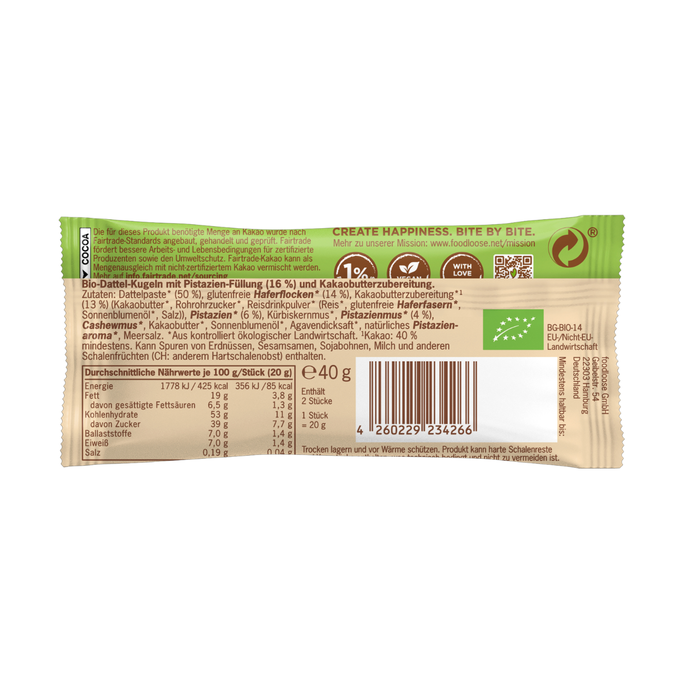 Foodloose Bio White Delights Pistazie 40 g - 12 Stück pro Karton