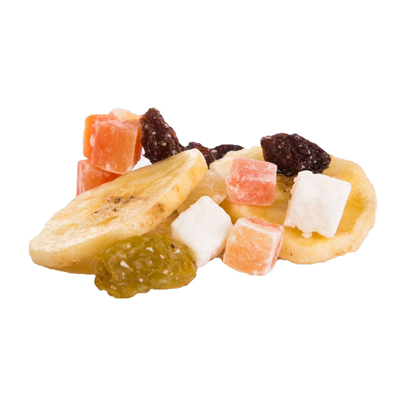 Tropic Mix getrocknet Bananenchips, Weinbeere Jumbo, Weinbeere Golden, Kokoswürfel, Papaya gehackt, Ananasstücke 1,0 kg Beutel