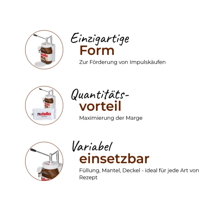 1x Manueller Dispenser inklusive 6kg Nutella-Nachfüll-Portionsbeutel 1x Manueller Dispenser inklusive 6kg Nutella-Nachfüll-Portionsbeutel