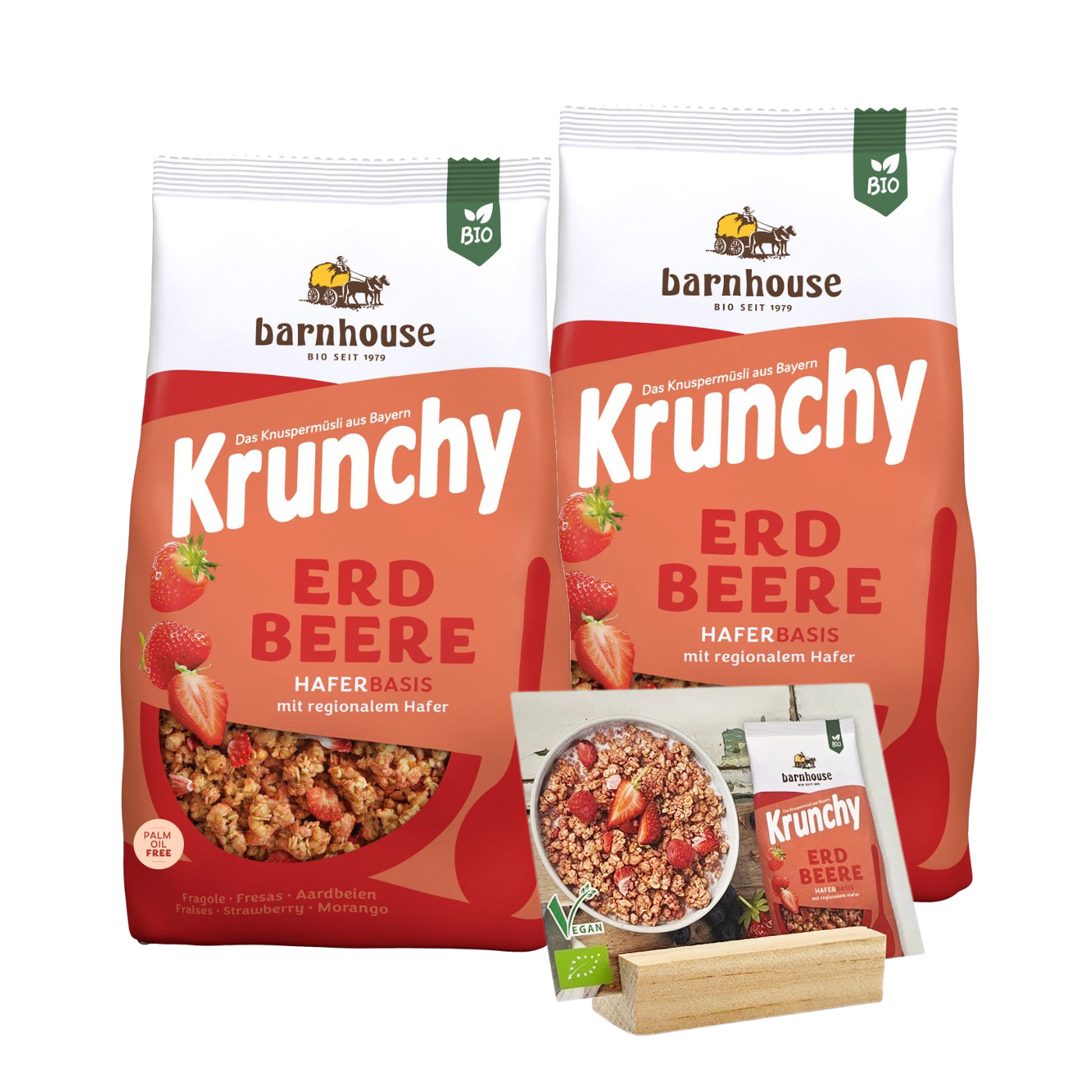 Bio Barnhouse Probier-Starter-Paket: Je 2 Btl. 1,25kg Barnhouse Krunchy Müsli Erdbeere, Low Sugar Very Berry, Apfel Zimt, Choko Chunks & Hafer; 4 Btl. 375g Barnhouse Cornflakes, 1 Barnhouse Holzaufsteller & Kostenlose Buffetschilder mit Holzfuss