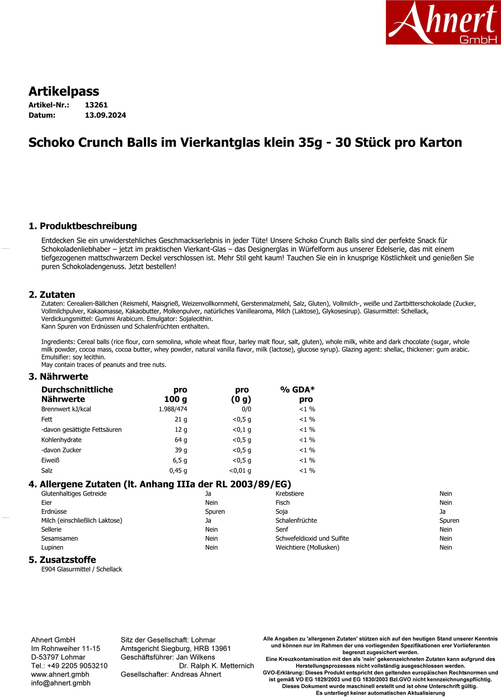 Schoko Crunch Balls im Vierkantglas klein 45g - 30 Stück pro Karton