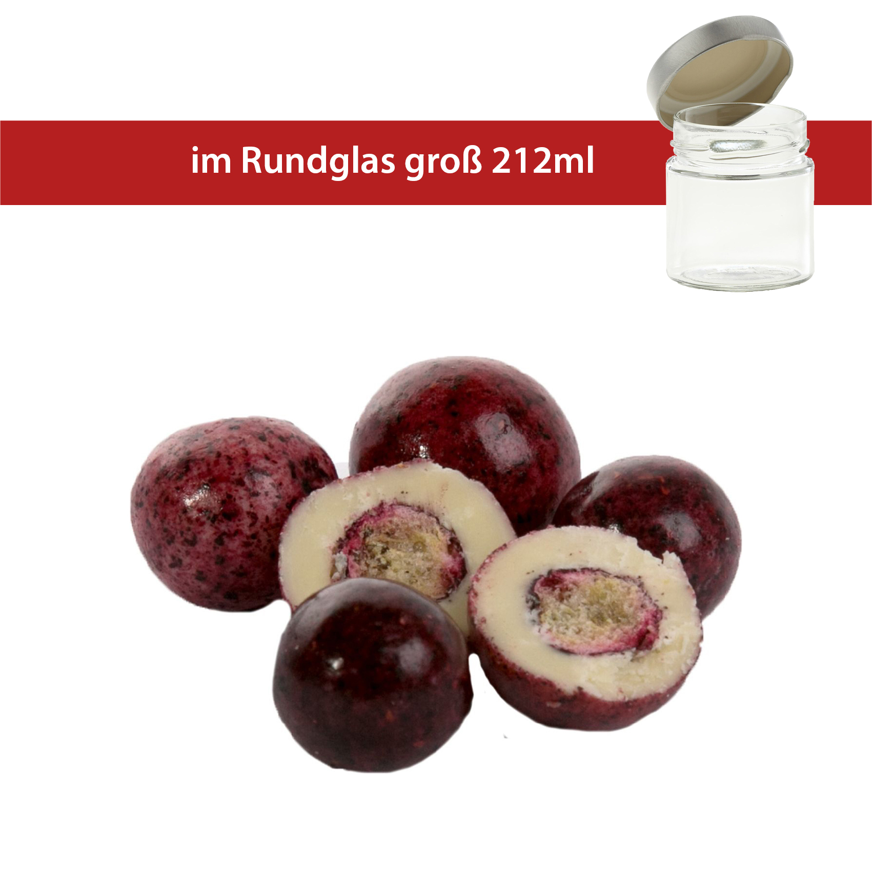 Johannisbeeren gefriergetrocknet in weißer Joghurt-Schokolade 100g
Rundglas groß 212ml
22 Stück pro Karton