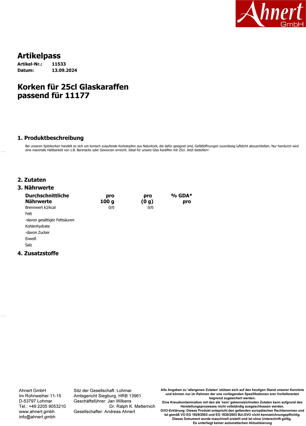 Korken für 25cl Glaskaraffen
passend für 11177