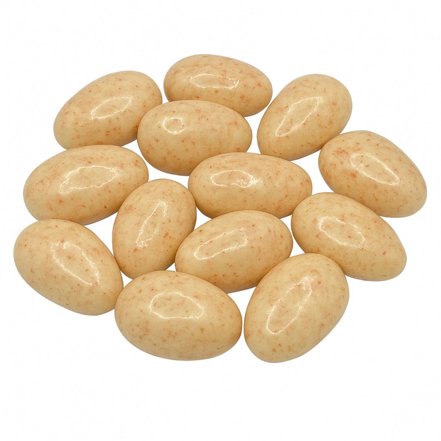 Mandeln in weißer Schokolade mit Himbeergeschmack 50g im Rundglas klein 106ml - 40 Gläser pro Karton