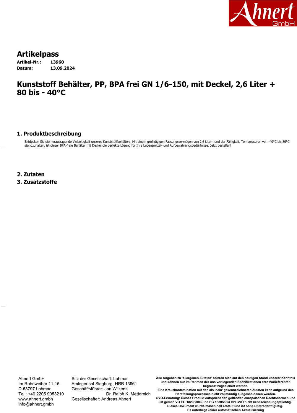 Kunststoff Behälter, PP, BPA frei GN 1/6-150, mit Deckel, 2,6 Liter + 80 bis - 40°C