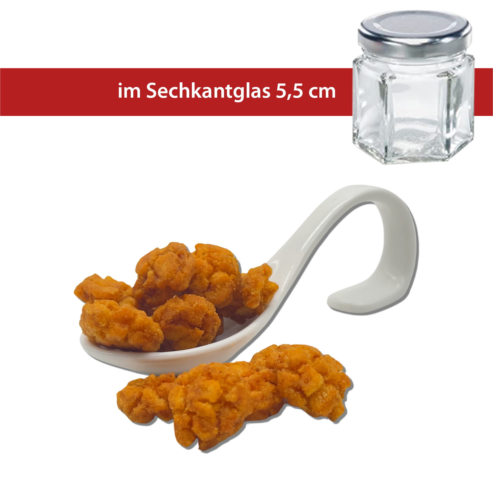 Hot Fried Chili Reiscracker15g 
5,5cm Sechskant-Glas
36 stück pro Karton
zartes Reisgebäck mit süßem Chilipulver