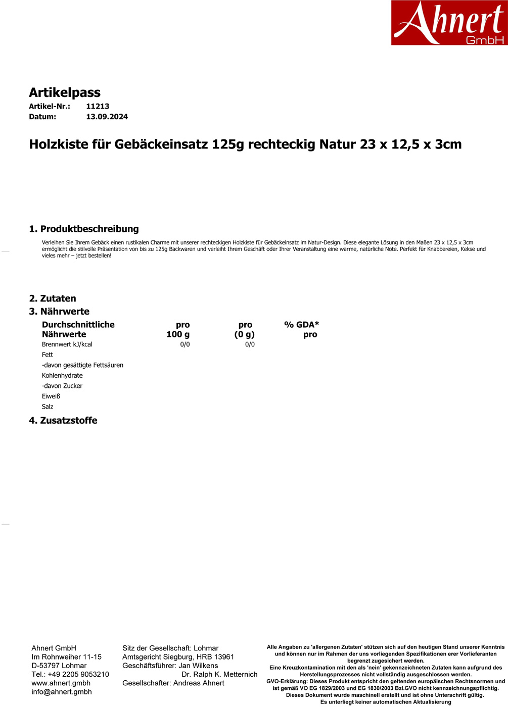 Holzkiste für Gebäckeinsatz 125g rechteckig Natur 23 x 12,5 x 3cm