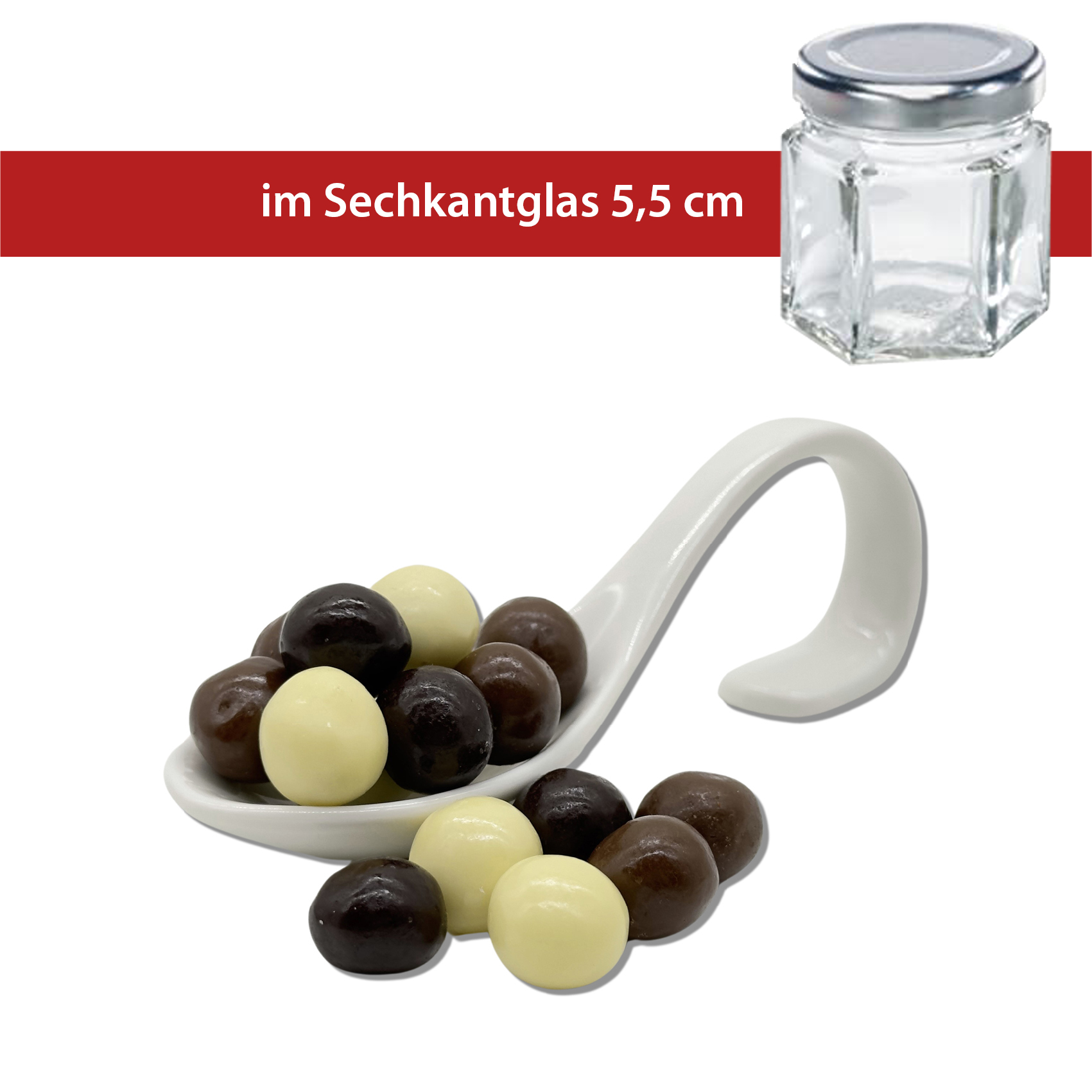 Schoko Crunch Balls
 im 35g - 5,5 cm Sechskantglas mit Deckel
36 Stück im Karton