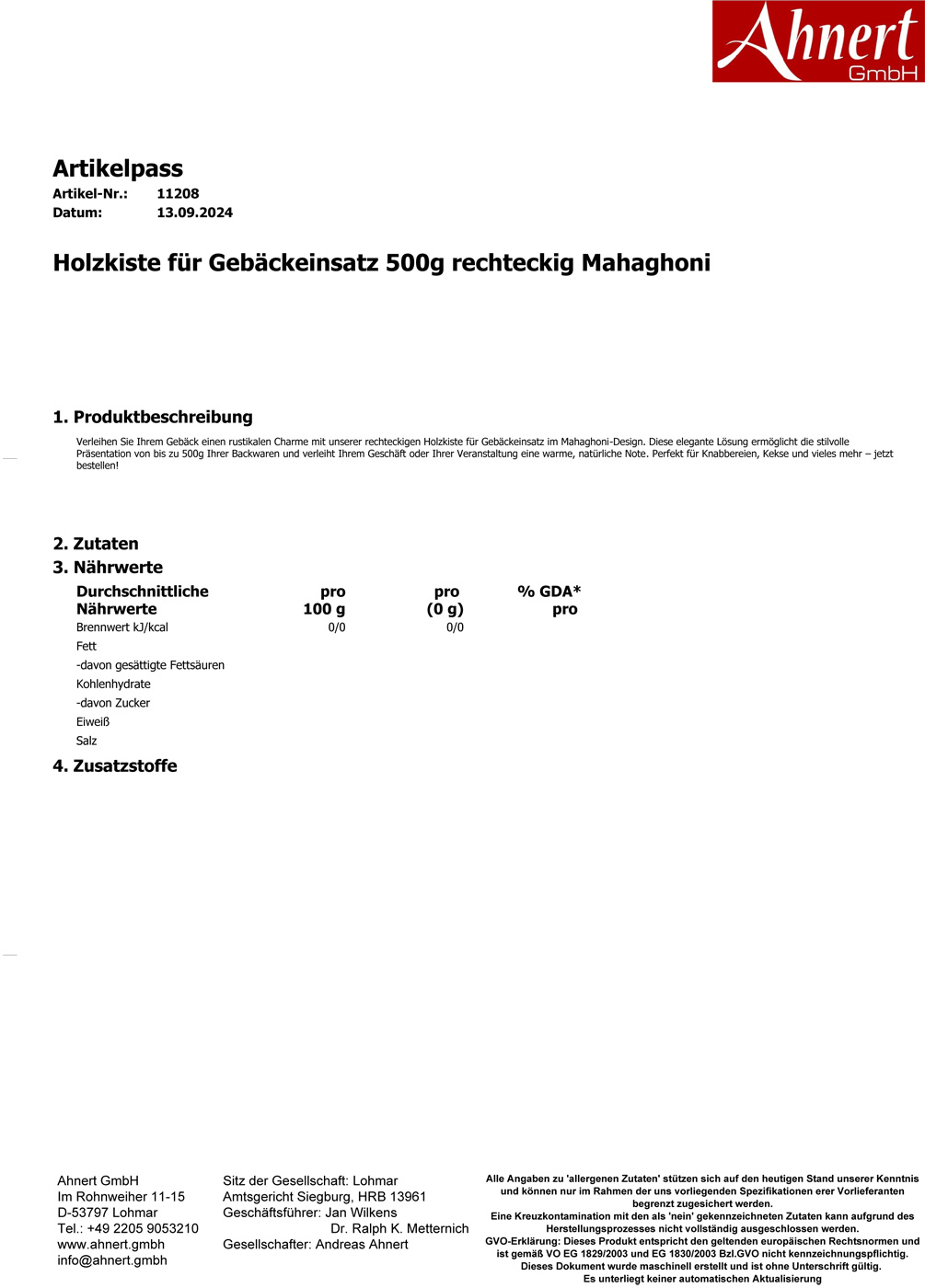 Holzkiste für Gebäckeinsatz 500g rechteckig Mahagoni