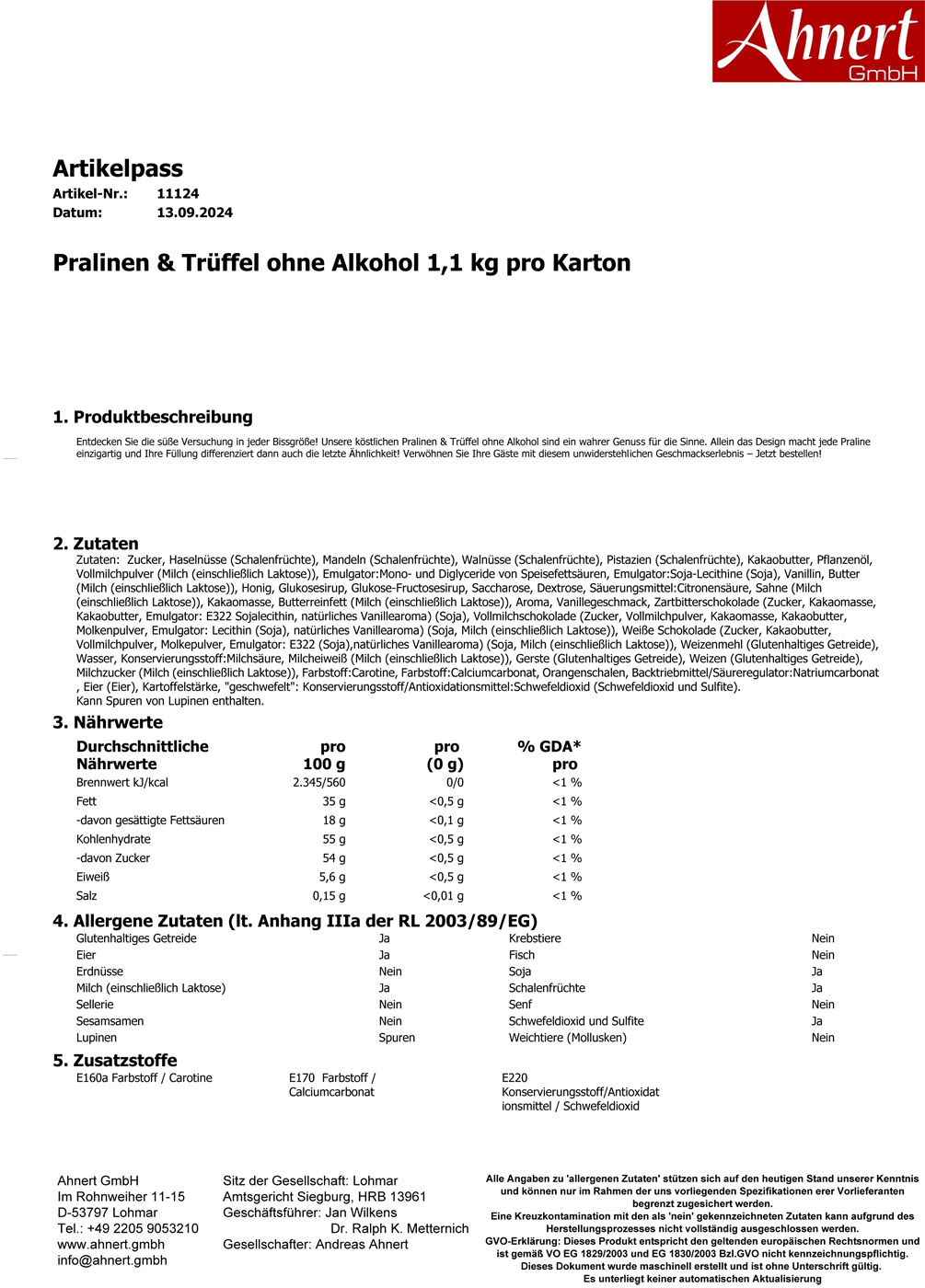 Pralinen & Trüffel ohne Alkohol 1,1 kg pro Karton