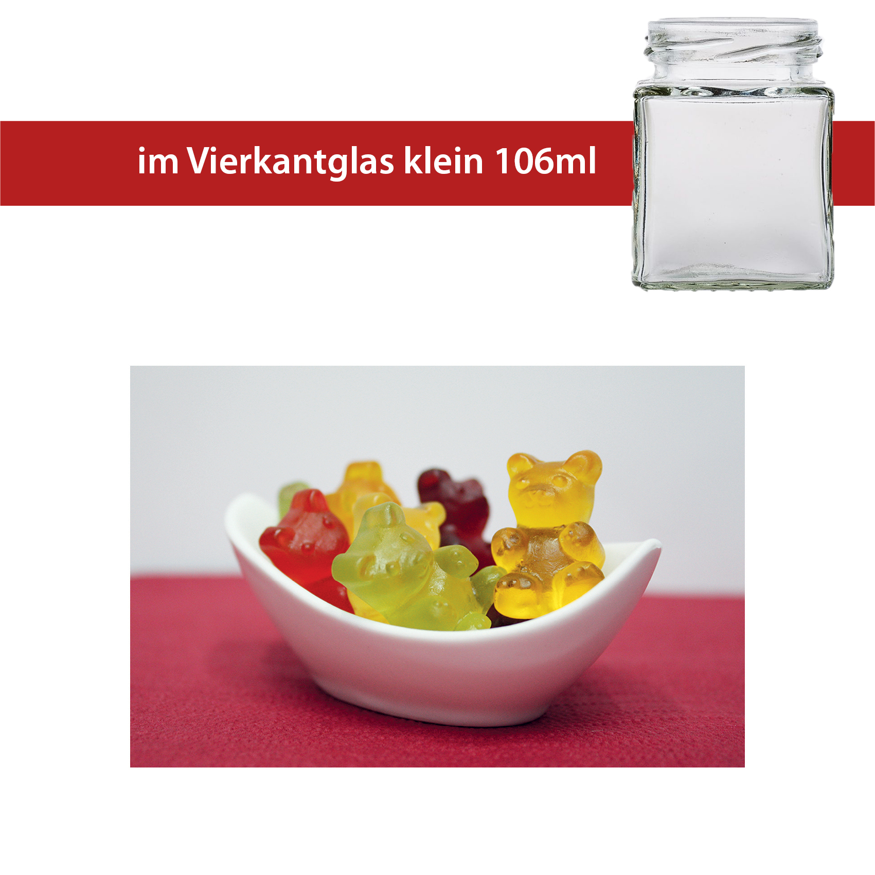 XXL Bärchen ohne Gelatine 60g
Vierkantglas klein
30 Stück pro Karton