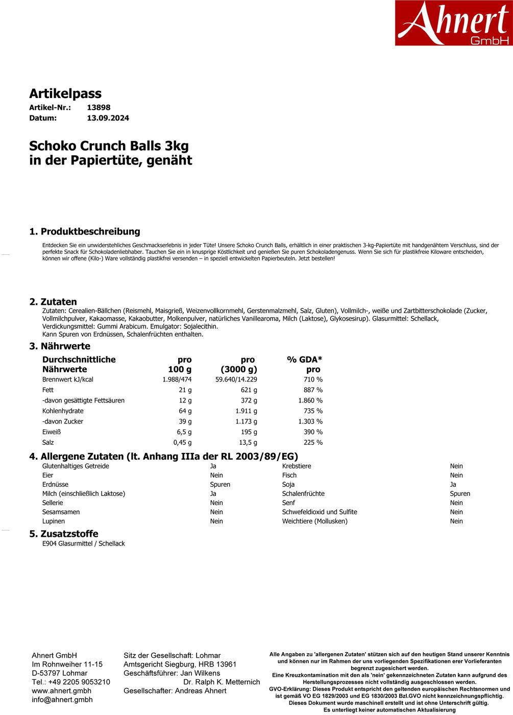 Schoko Crunch Balls 3kg
in der Papiertüte, genäht