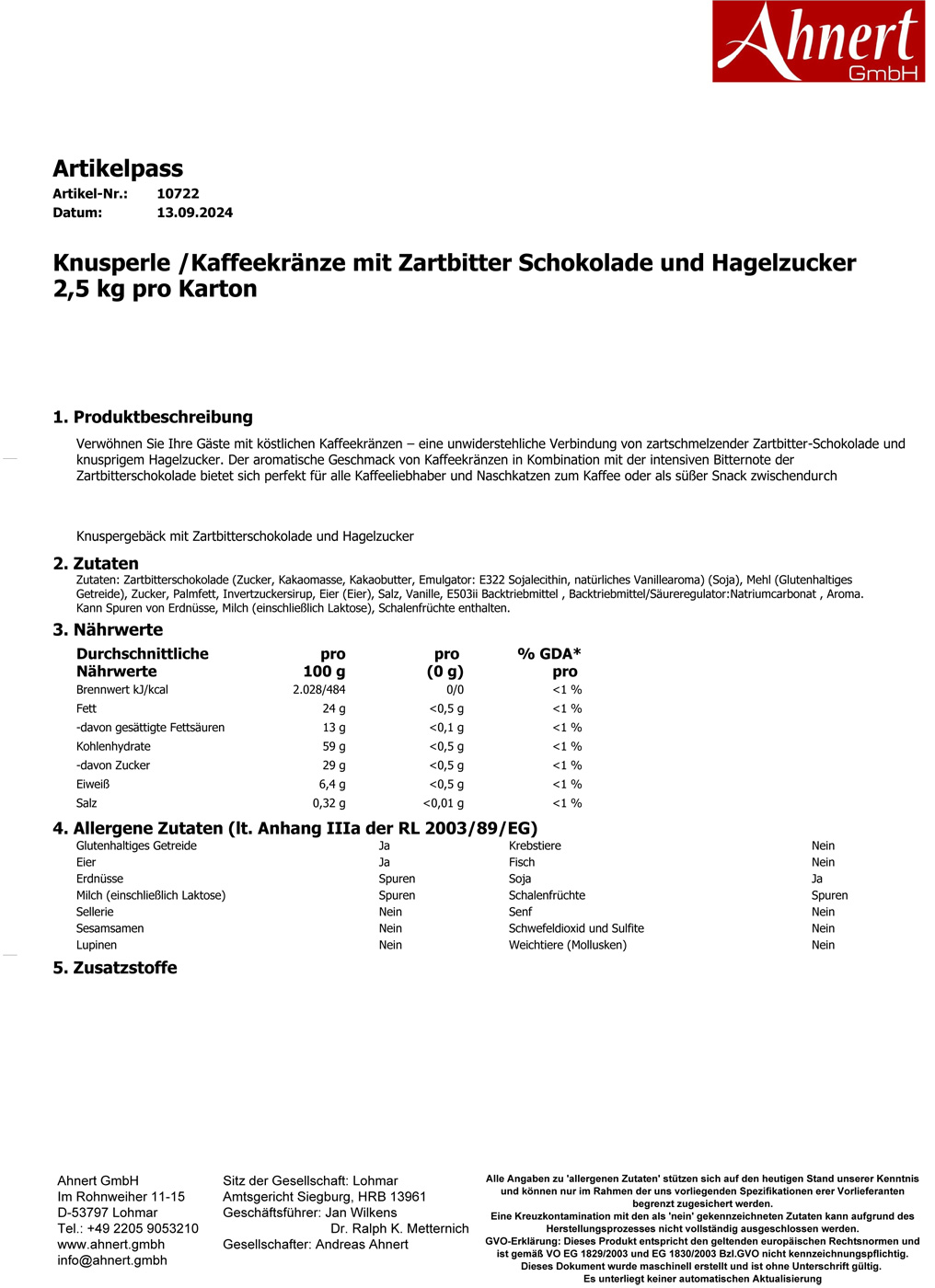 Knusperle /Kaffeekränze mit Zartbitter Schokolade und Hagelzucker 2,5 kg pro Karton