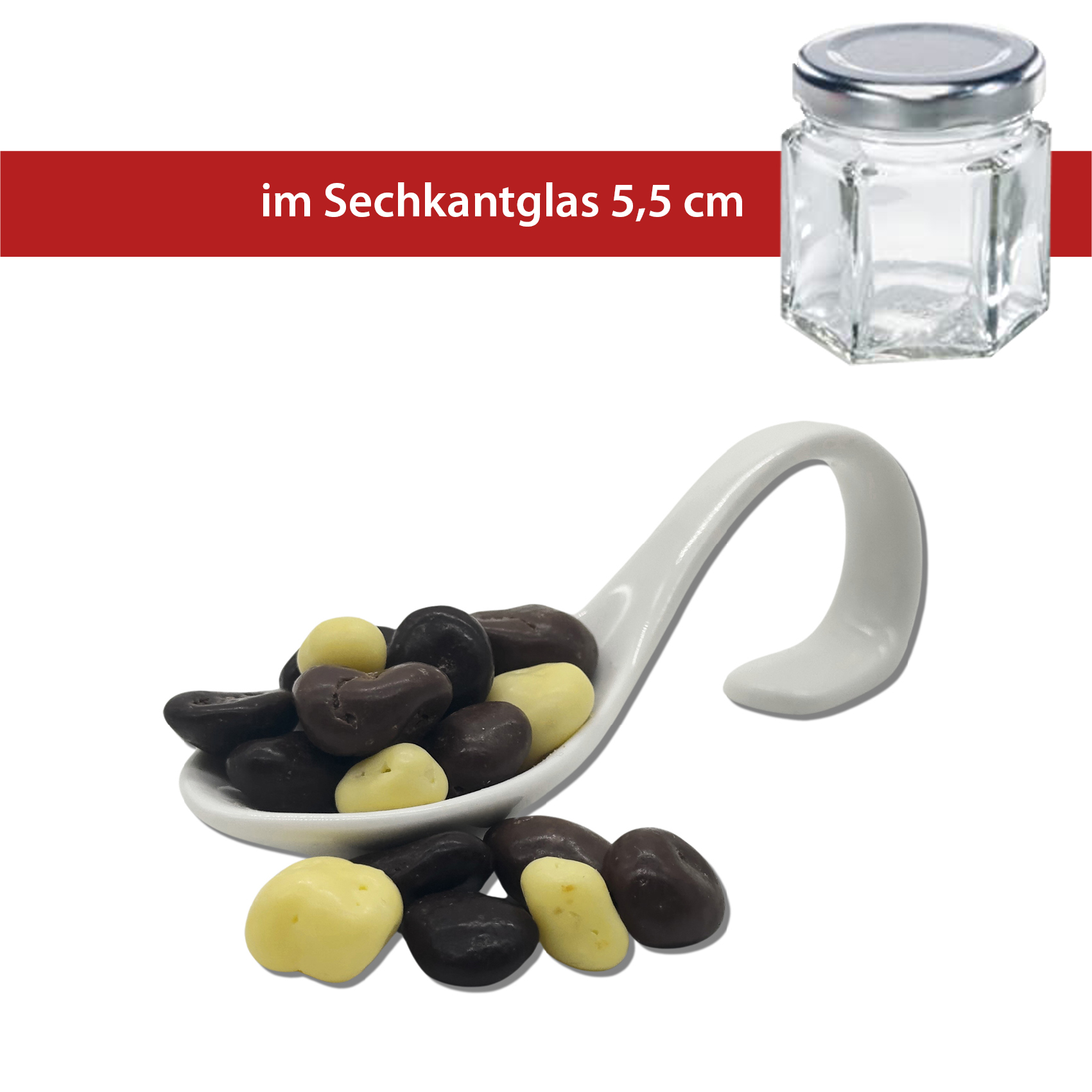 Schokolierte Früchte Mischung 60g
5,5cm Sechskant-Glas
36 Stück pro Karton