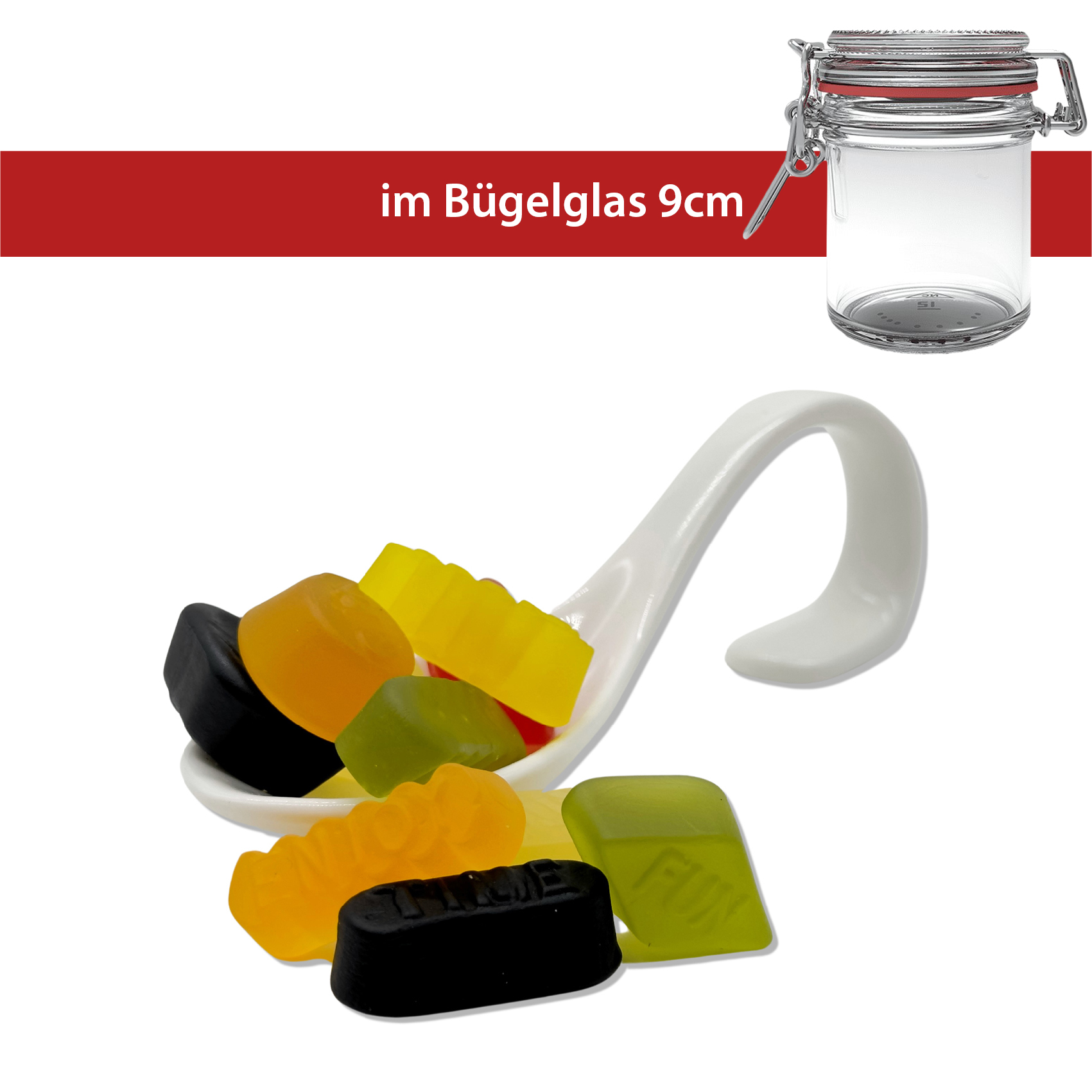 Weingummi Englisch 100g
Bügelglas 9cm
16 Stück pro Karton