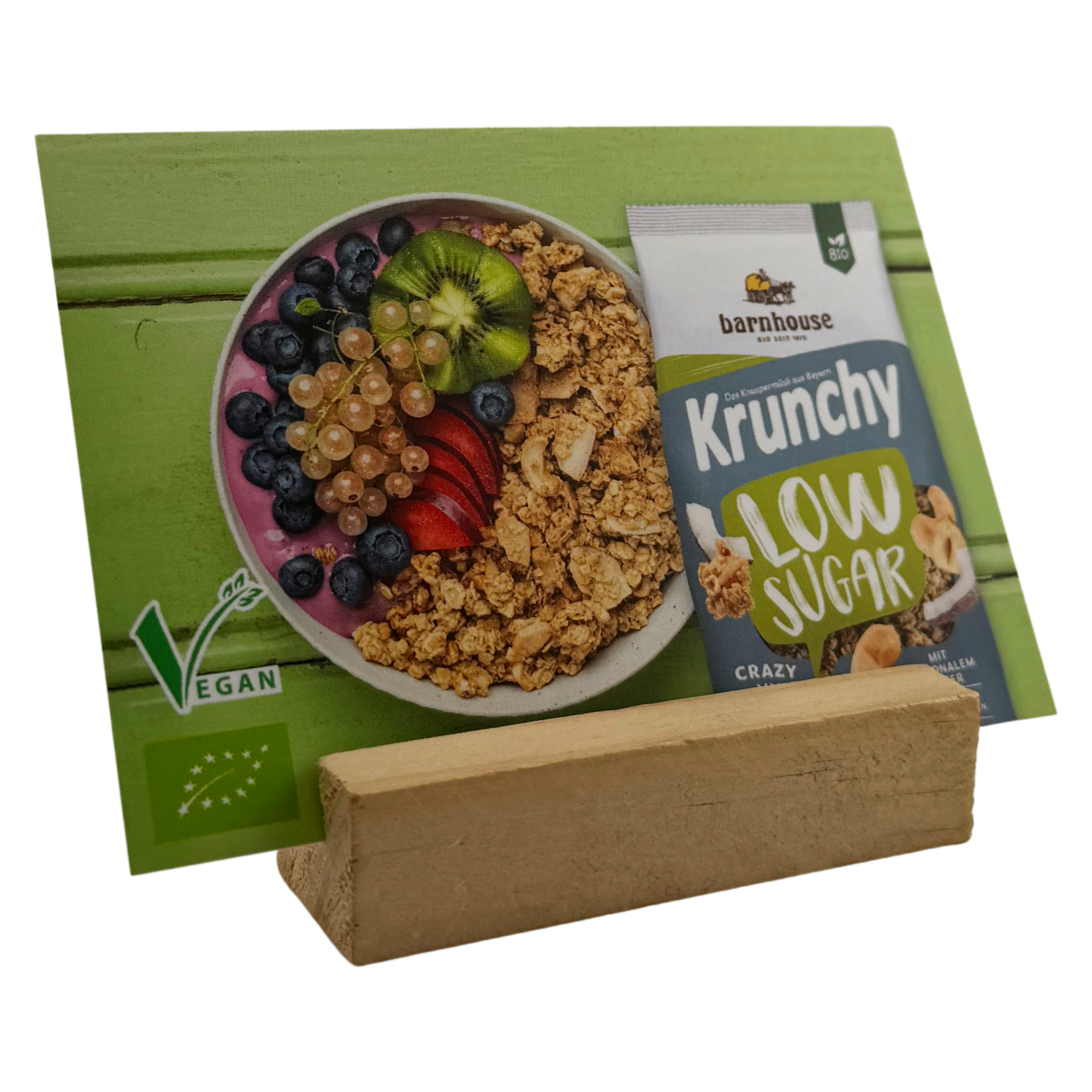 Barnhouse Krunchy Low Sugar Crazy Nuts Sortenkarte
Buffetbeschilderung mit Zutatenliste/Allergenhinweis
BxH ca. 105 x 80 mm