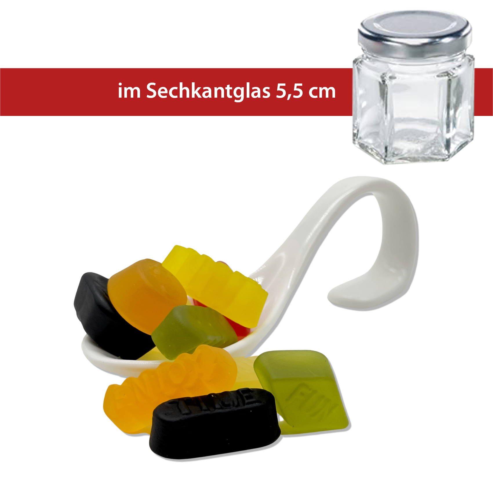 Weingummi Englisch 60g
5,5cm Sechskant-Glas
36 Stück pro Karton