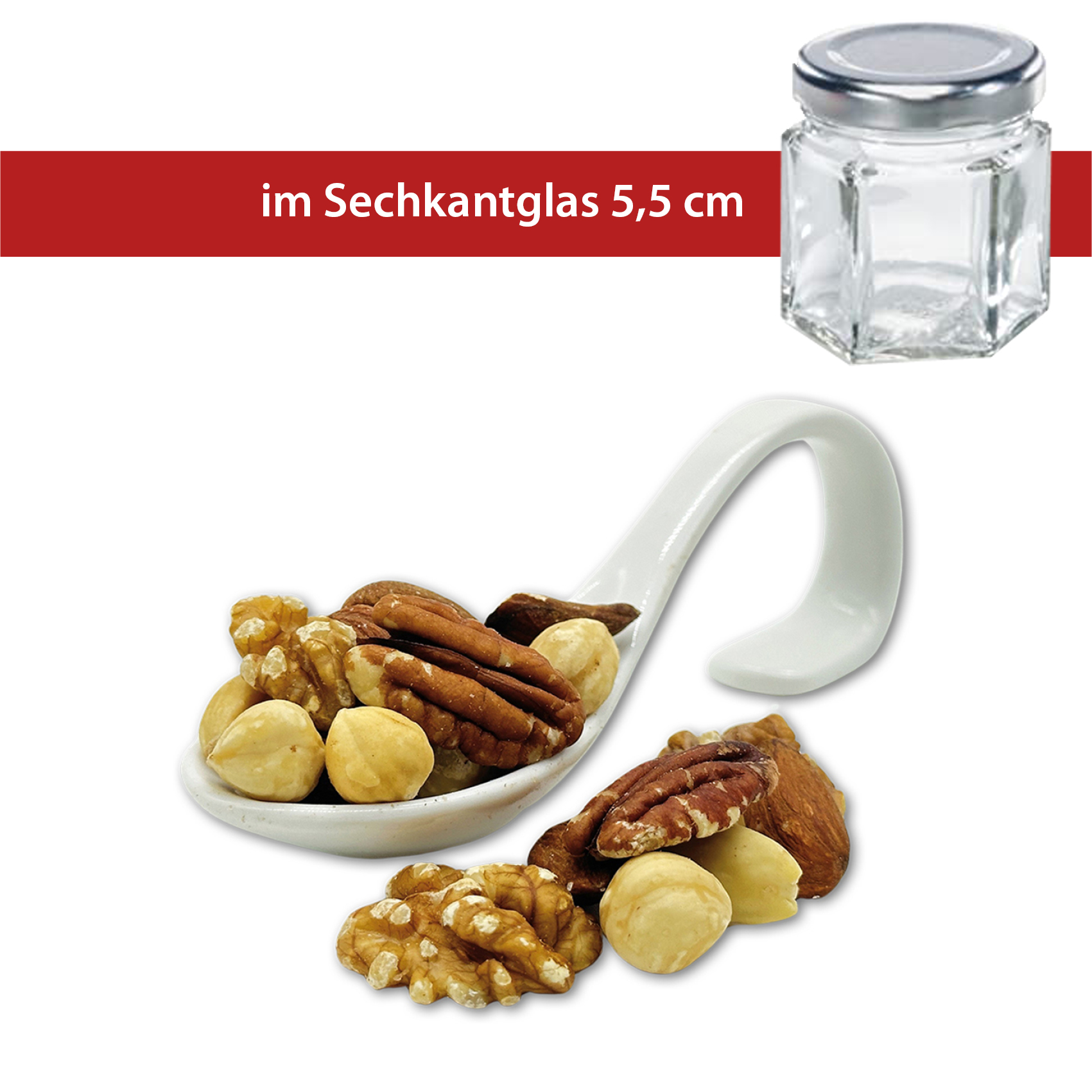 Nussmischung Natur 40g
5,5cm Sechskant-Glas
36 Stück pro Karton