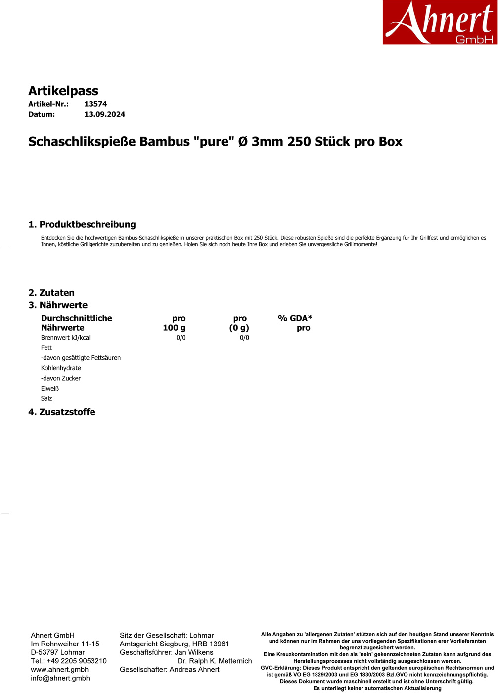 Schaschlikspieße Bambus 'pure' Ø 3mm 250 Stück pro Box