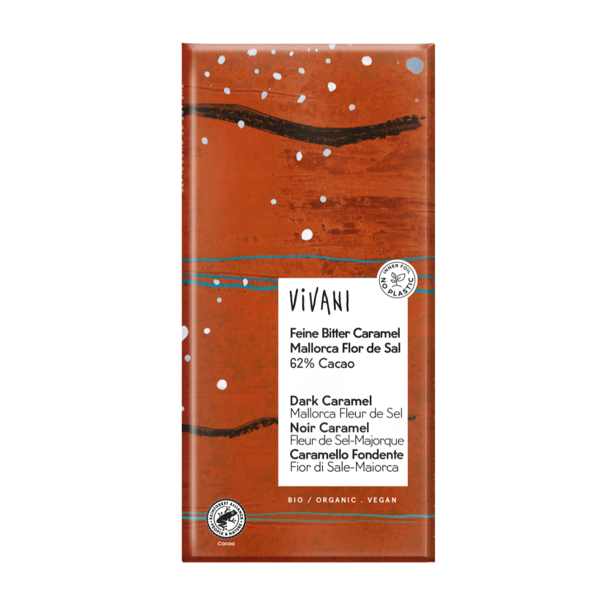 VIVANI Feine Bitter Caramel Mallorca Flor de Sal Schokoladentafel 62%, 80 g BIO, Vegan 10 Stück pro Karton