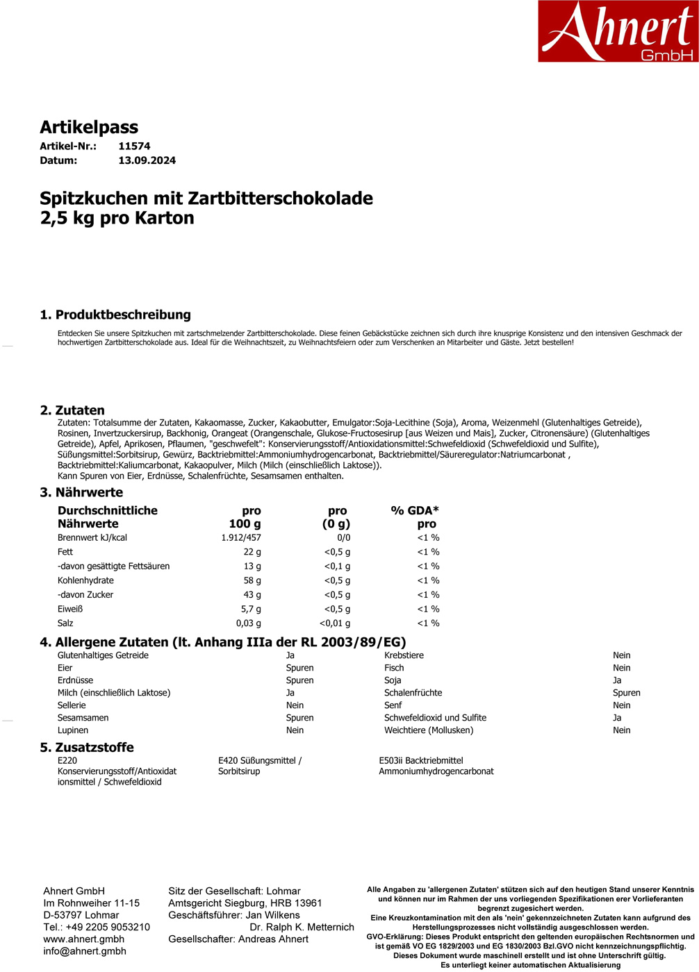 Spitzkuchen mit Zartbitterschokolade
2,5 kg pro Karton