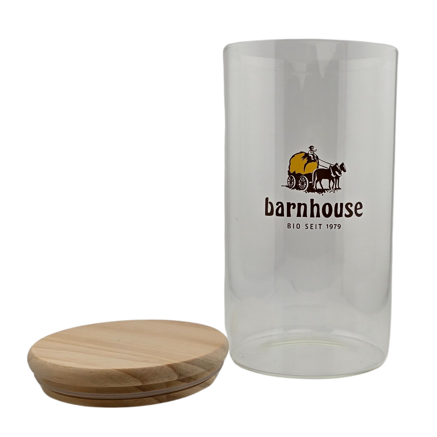 Barnhouse Müsliglas Fassungsvermögen: 1 Liter, ca. H 17 cm / Ø 10 cm mit dichtschließendem Holzdeckel
mit Logo-Aufdruck Barnhouse