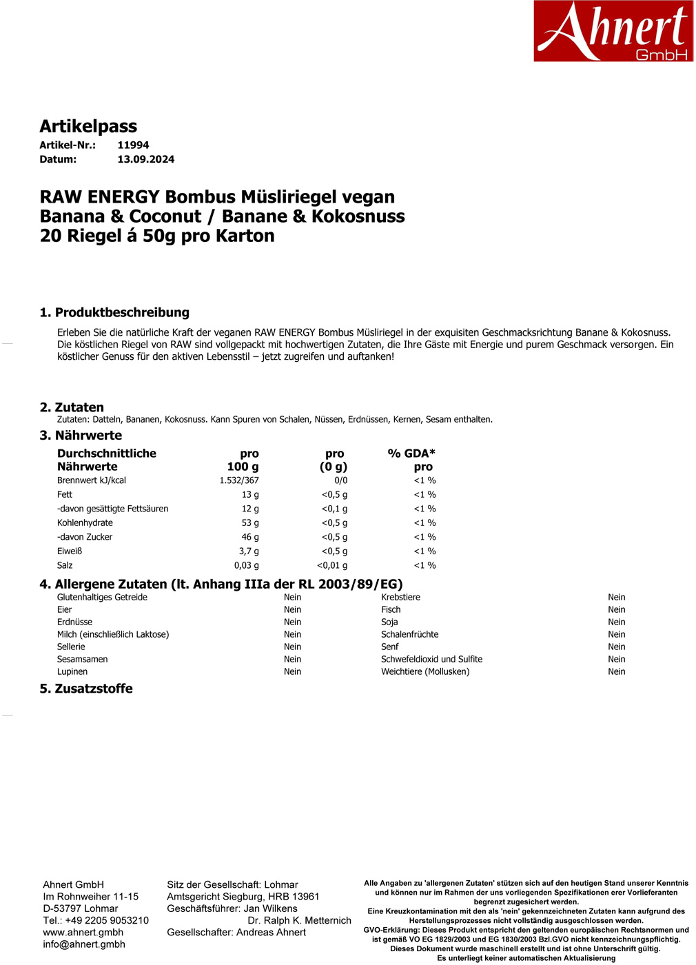 RAW ENERGY Bombus Müsliriegel vegan
Banana & Coconut / Banane & Kokosnuss
20 Riegel á 50g pro Karton