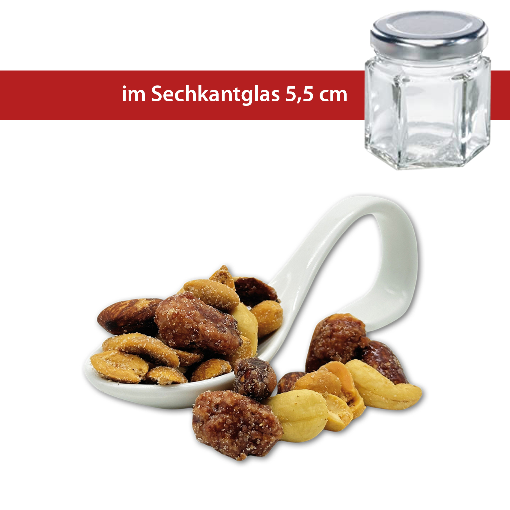 Salty, Sweet & Smoke Mix 50g
Sechskantglas klein 5,5cm
36 Stück pro Karton
Erdnüsse gesalzen, Cashewkerne gesalzen, gebrannte Mandeln und Rauchmandeln