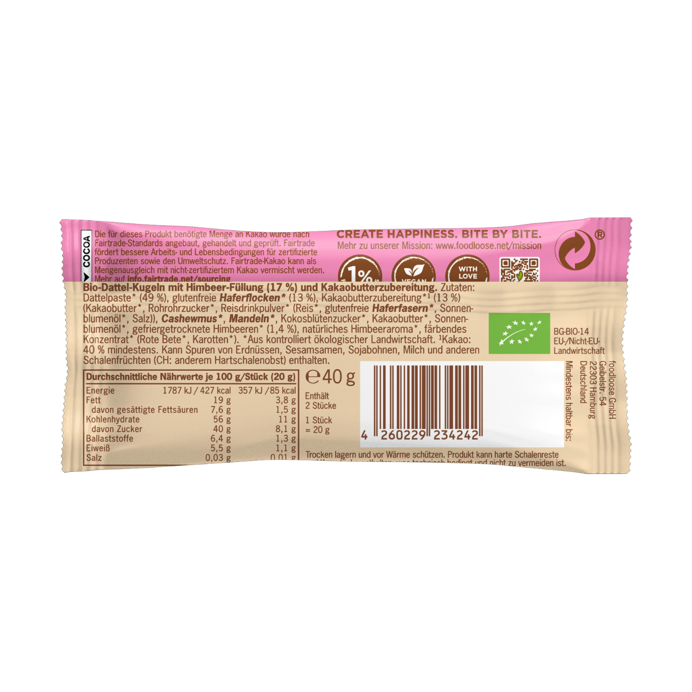 Foodloose Bio White Delights Himbeere 40 g - 12 Stück pro Karton