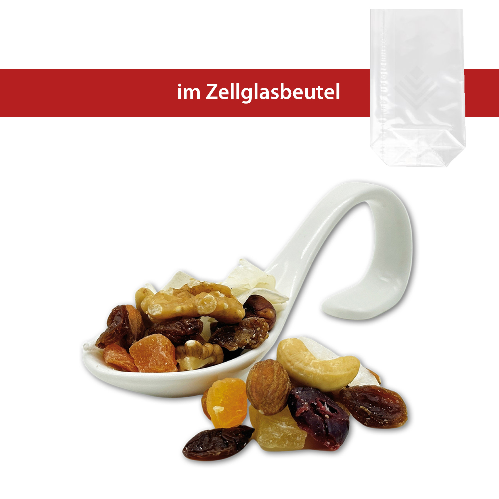 Früchte Nussmischung im 100g Zellglasbeutel
25 Stück pro Karton