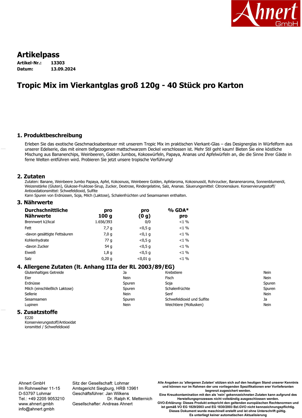 Tropic Mix im Vierkantglas groß 120g - 40 Stück pro Karton