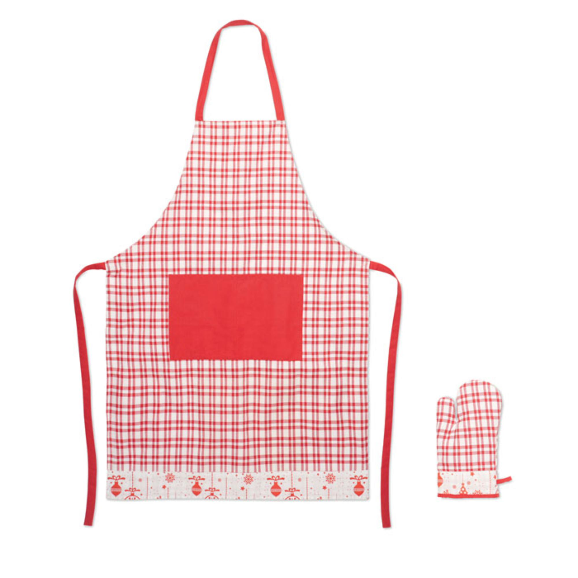 Weihnachten zum heiß anfassen Box - Set aus Küchenschürze und Ofenhandschuh mit weihnachtlichem Muster. 200 g/m² Baumwolle, Weihnachtsmann 3-farbig in Klarsicht 80g & Kinder Bueno 2er Pack 43g