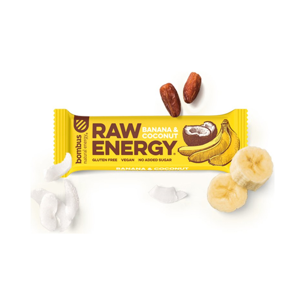 RAW ENERGY Bombus  Dattelriegel vegan Banana & Coconut / Banane & Kokosnuss 20 Riegel á 50 g pro Karton