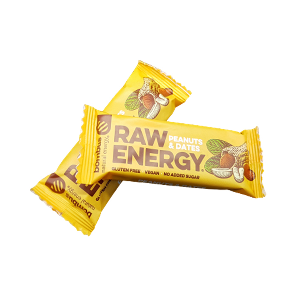 RAW ENERGY Bombus Müsliriegel vegan
Peanuts & Dates / Erdnuss & Dattel
20 Riegel á 50g pro Karton