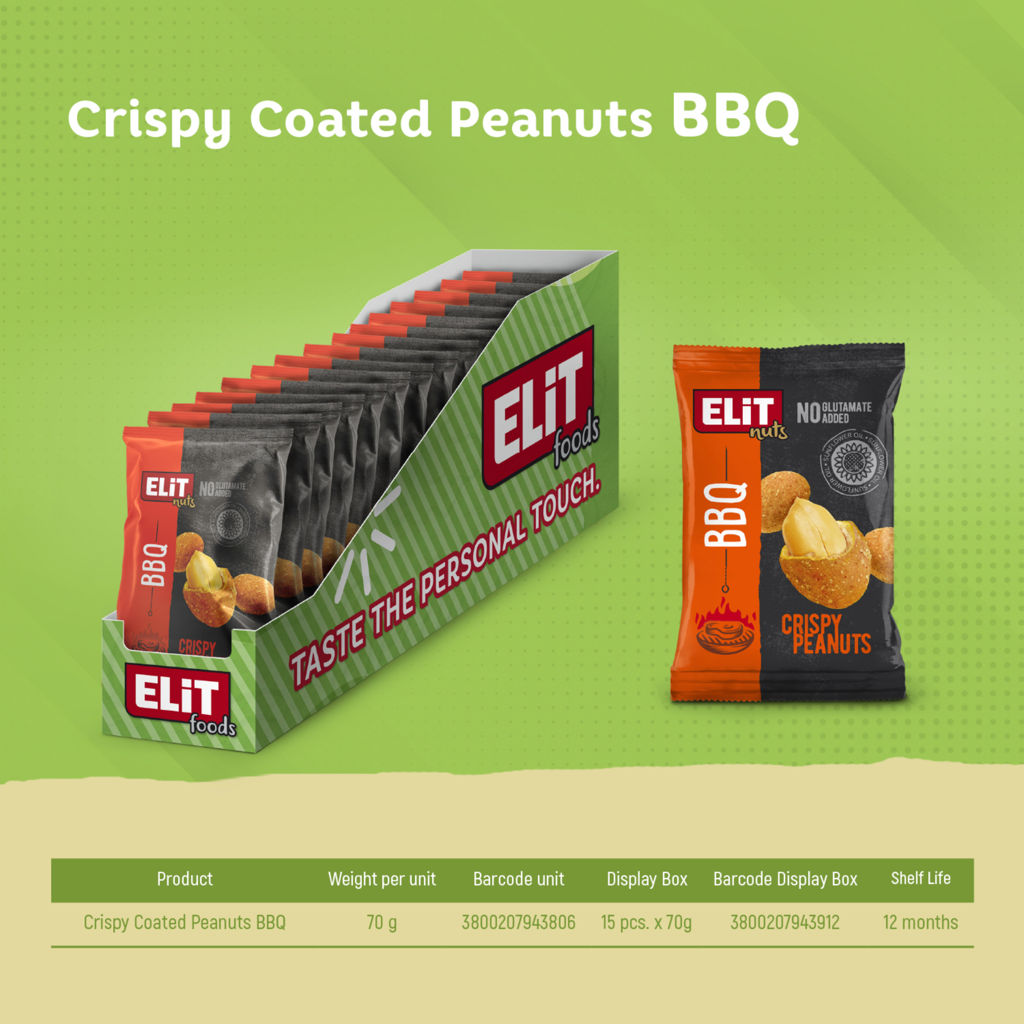 Elit Nuts Knusprig panierte Erdnüsse BBQ 70g - 15 Stück pro Karton