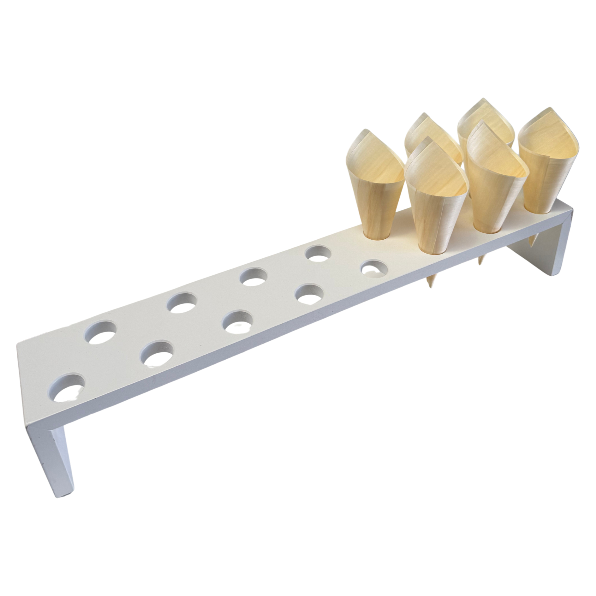 Holzbrücke für Spitztüten - 55,5 cm x 9 cm, Bohrausschnitt 2,5 cm Durchmesser für 15 Spitztüten Farbe weiß