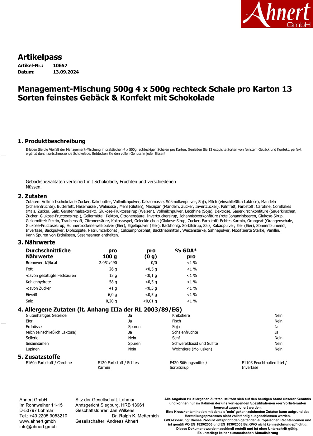 Management-Mischung 500g 4 x 500g Rechteck Schale pro Karton 13 Sorten feinstes Gebäck & Konfekt mit Schokolade