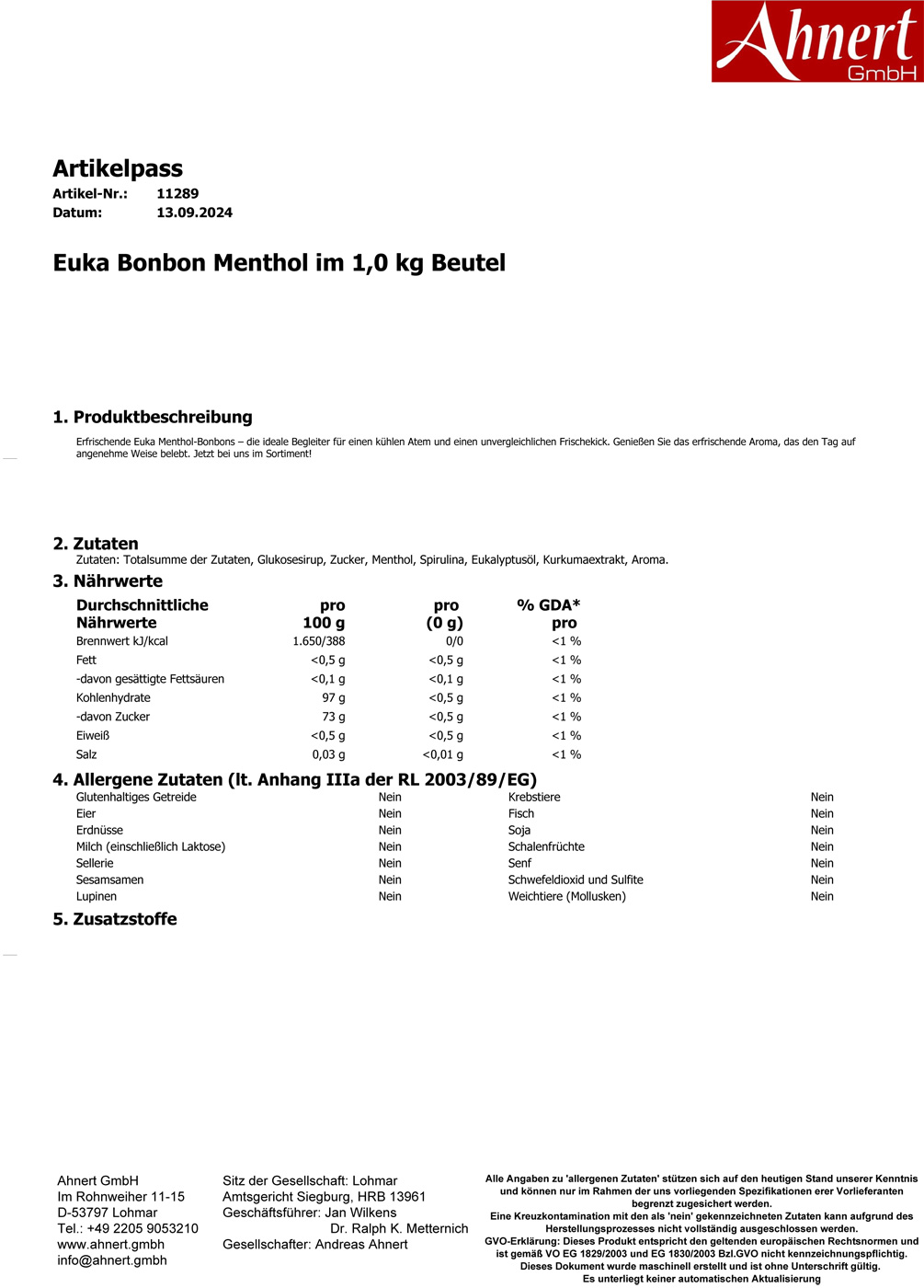 Euka Bonbon Menthol im 1,0 kg Beutel