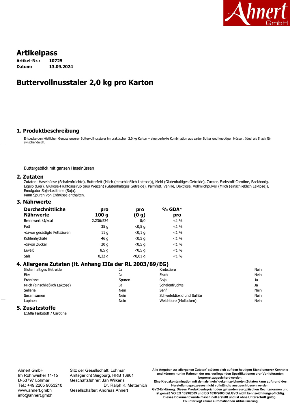 Buttervollnusstaler 2,0 kg pro Karton