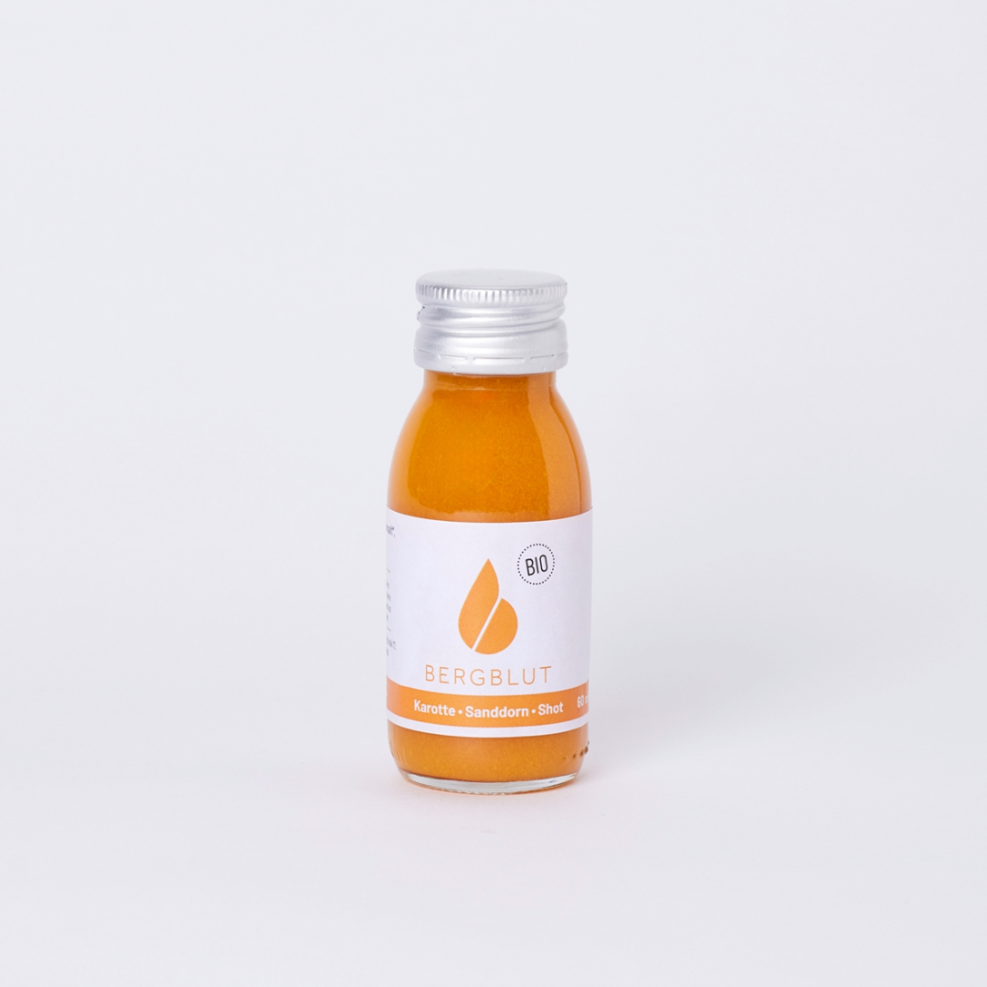 Shot Karotte-Sanddorn 60ml mit Bio zertifizierten Säften Bergblut - 24 Stück im Karton