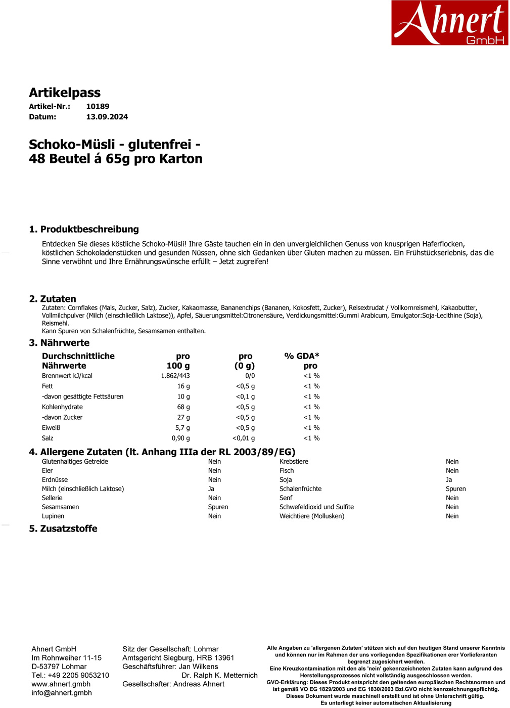 Schoko-Müsli - glutenfrei -
48 Beutel á 65g pro Karton