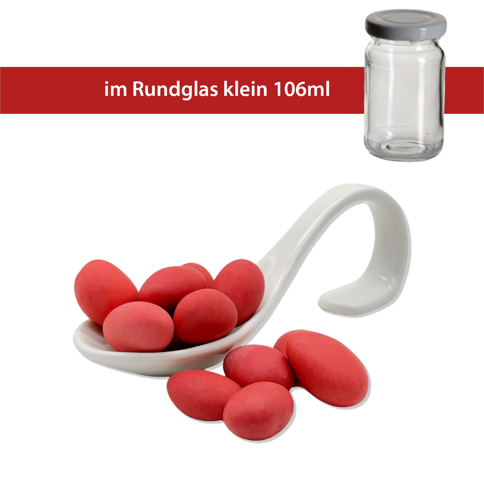  Mandeln in weißer Schokolade mit Erdbeergeschmack 50g im Rundglas klein 106ml - 40 Gläser pro Karton